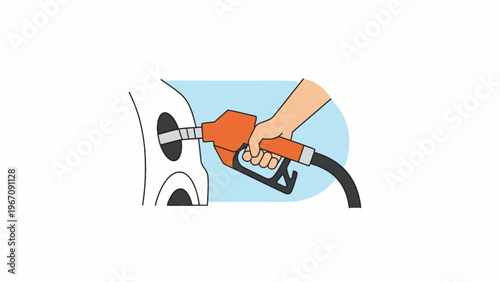 Hand refueling vehicle with orange gas pump nozzle