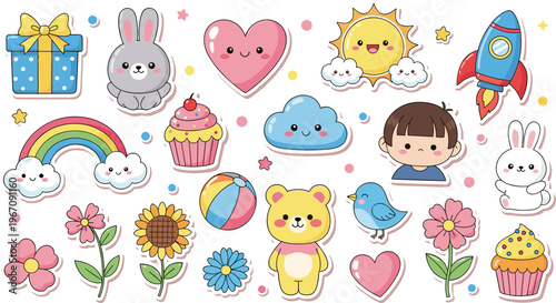 Cute Kawaii Sticker Icon Set Featuring Animals Rainbow Sun Rocket Cupcake and Fun Elements for Kids Cartoon Design Collection