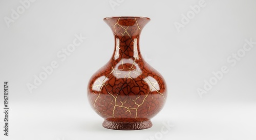 Elegant red ceramic vase with intricate marble-like patterns and narrow neck.
