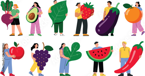 Tiny people carrying fresh vegetables and fruits, promoting healthy organic vegan diet, cartoon vegetarian food vector illustration set