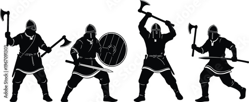 Viking warrior silhouettes, medieval fighters with axes and shields, ancient Norse soldiers illustration, battle poses, historical combat, vector design