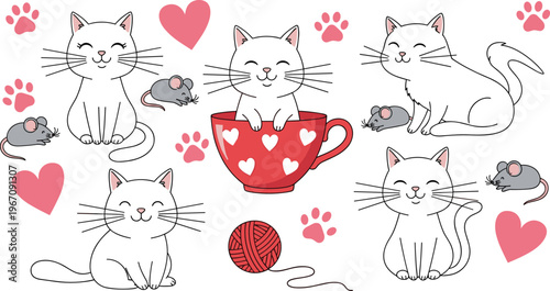 Cute Cat Love Doodle Icon Set Featuring Kittens Hearts Paw Prints Yarn Ball and Coffee Cup for Pet Themed Design