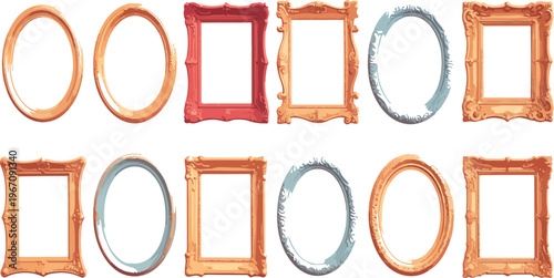 Doodle mirror frames with antique ornate decorative borders, elegant cartoon-style photo frames, isolated vector collection illustration set