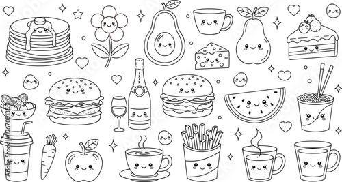 Cute Kawaii Food Doodle Icon Set Featuring Burgers Pancakes Coffee Fruits and Snacks for Fun Menu Design and Restaurant Decoration