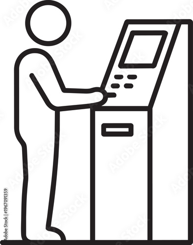 Customer person standing and using automated teller machine to withdraw cash linear icon stroke vector illustration