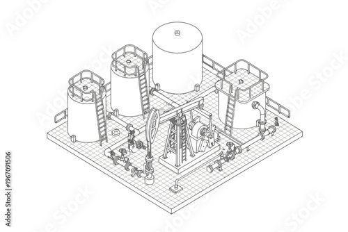 Oil drilling rig with storage tanks isometric technical drawing