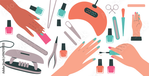 Manicure equipment vector set featuring cartoon professional hand and nail care tools, nail polish, pedicure treatment, and top-view icons