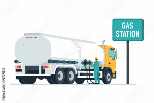 Fuel Tanker Truck Unloading Gasoline at Gas Station Illustration