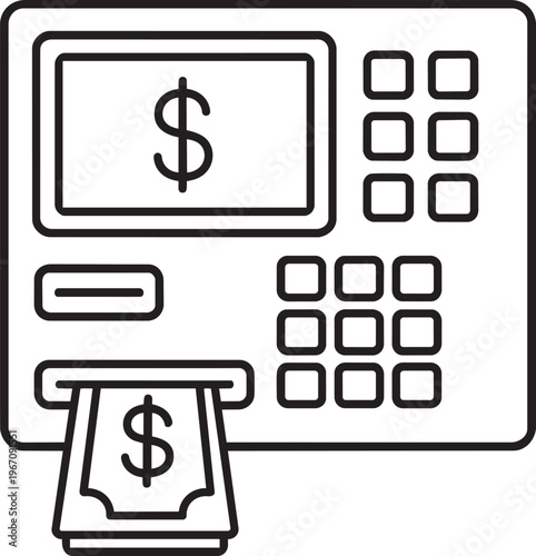 Automated teller machine dispensing cash dollar bills from front slot linear icon outline stroke vector illustration