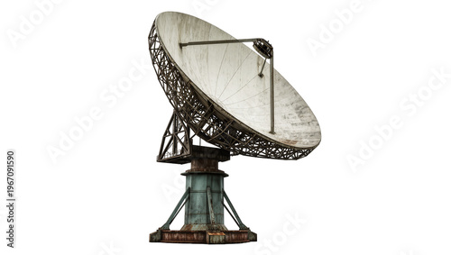 Large old rusty satellite dish, an isolated vintage radio telescope antenna for communication and scientific research PNG on transparent background