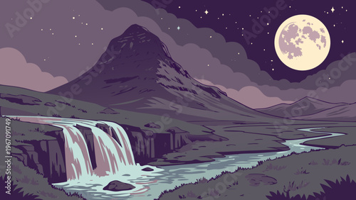 Majestic Moonlit Mountain Vector Illustration with Flowing Waterfall, Milky Way Galaxy and Starry Sky, Surreal Cinematic Night Landscape with Dreamy Lighting and Long Exposure Effect