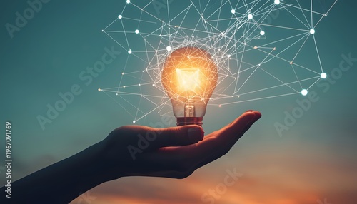 Hand holding illuminated light bulb within a lines abstract geometric complex network of connections.