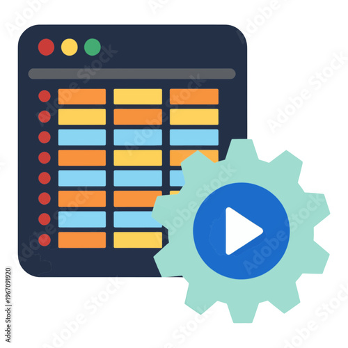 Colorful Play Button Overlay on Settings Gear Vector Icon