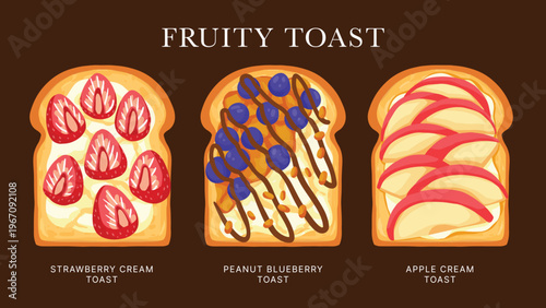 Fruit Toast strawberry blueberry apple chocolate cheese  bread breakfast hand drawn set vector