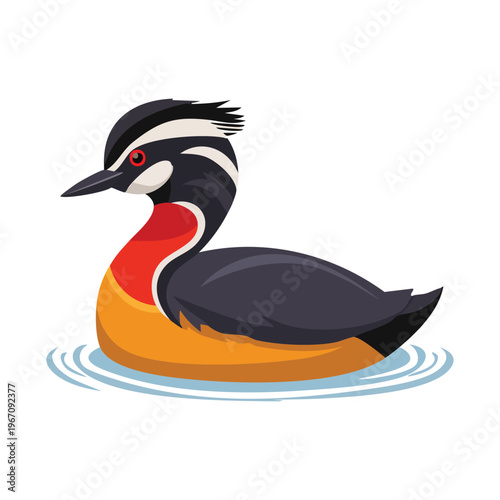 Colorful cartoon illustration of a swimming bird with vibrant plumage