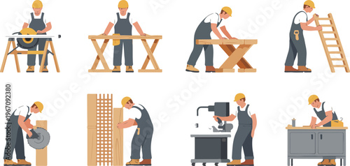 Carpenter working with wood and furniture using lumber equipment, sawing materials, showcasing woodworking and carpentry handcraft concept vector cartoon set