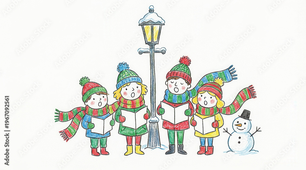 Obraz premium Cheerful group of children singing Christmas carols together near snow covered lamp post with snowman smiling nearby