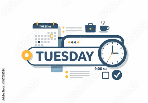 Dynamic Illustration of Tuesday's Daily Schedule and Workday Planning, Featuring Time Management, Task Organization, and Productivity