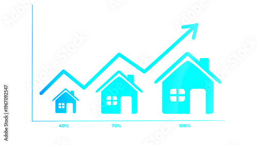 Illustration of Increasing House Icons with Upward Arrow, Glowing Blue Graphic Style, Dark Background. Concept of Real Estate Growth and Investment. 3d Rendering