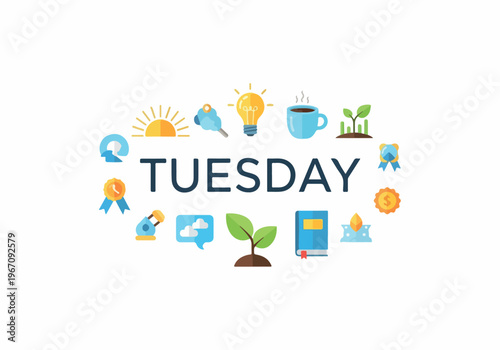 Optimistic Tuesday concept with a cheerful display of flat icons illustrating productivity, fresh ideas, financial growth, and daily well-being to inspire a successful weekly routine