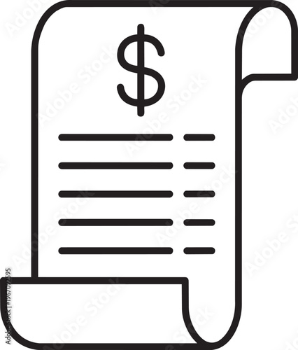 Long printed paper receipt check bill with dollar sign symbol linear icon outline stroke vector illustration