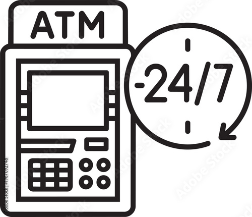 Automated teller machine with twenty four seven continuous service availability sign linear icon stroke vector illustration