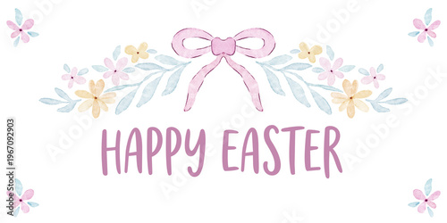 Watercolor Happy Easter greeting card with festive bow and floral wreath decoration. Tender spring botanical ornament with flowers and leaves. Decorative element for holiday celebration design.