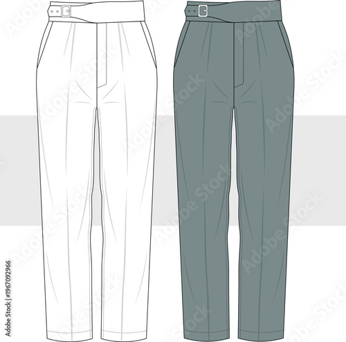 Men's classic trousers with belt detail. Fashion technical drawing, illustration. Men Pants stylish vector. Flat Sketch, CAD, Mockup.