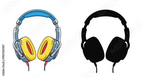 Colorful headphones alongside a black silhouette version of the same