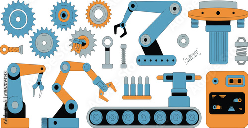 Machine elements set featuring gears, engine parts, transmission, hydraulic details, and industrial mechanism components in flat vector cartoon style