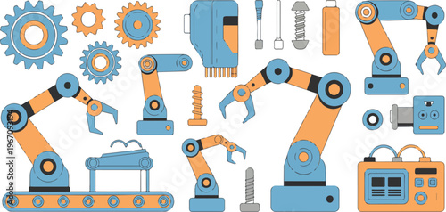 Machine elements set featuring gears, engine parts, transmission, hydraulic details, and industrial mechanism components in flat vector cartoon style