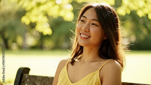Young Asian Woman Smiling Happily While Sitting on a Park Bench in the Sunlight