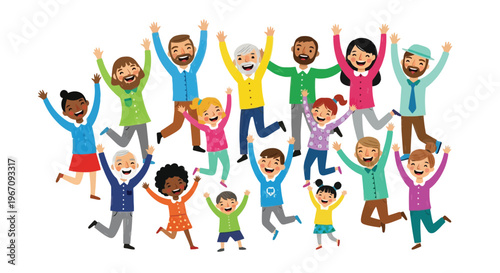 A diverse group of people joyfully jumping and celebrating together