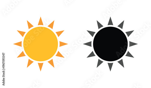 Simple sun icon symbol set. Minimal solar shape illustration design. Abstract weather sunshine graphic element. Flat circular sun ray symbol. Vector illustration.