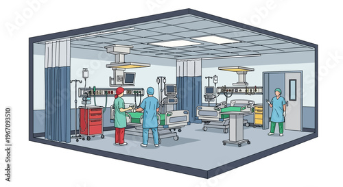 Modern Intensive Care Unit with Medical Professionals and Equipment.