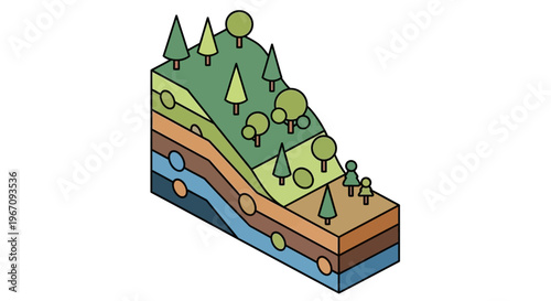 Cross section of earth layers with trees and river.