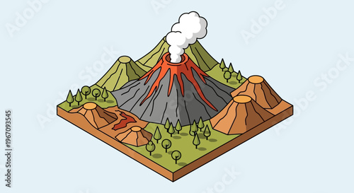 Volcano eruption with lava flow and surrounding smaller cones.