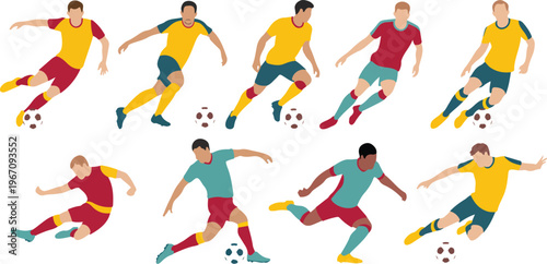 Diverse football players collection featuring cartoon male athletes in colorful sportswear playing soccer in dynamic poses vector illustration set