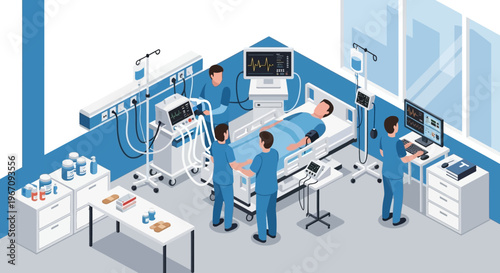 Intensive Care Unit Scene with Medical Professionals and Patient.