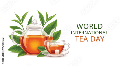 International tea day illustration with teapot cup and tea leaves