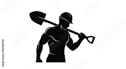 Silhouette of a muscular construction worker carrying a shovel