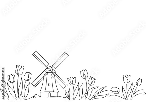 Keukenhof Garden Windmill and Tulips Monoline Background