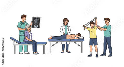 Physical therapy session with a patient doctor and assisting staff