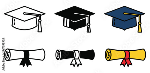 Graduation caps and diplomas a collection of symbolic educational achievement icons in various styles