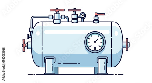 Illustration of a blue pressure tank with valves and a gauge