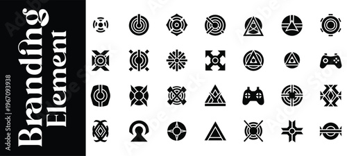 Black and white branding elements a collection of abstract geometric designs and typography