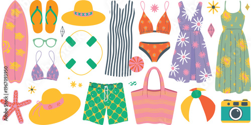 Summer beach items cartoon set with sunscreen towel flip flops sunglasses cocktail bikini seashell vacation elements vector illustration