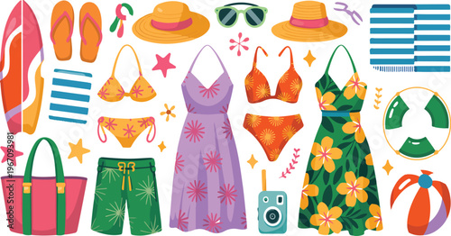 Summer beach items cartoon set with sunscreen towel flip flops sunglasses cocktail bikini seashell vacation elements vector illustration