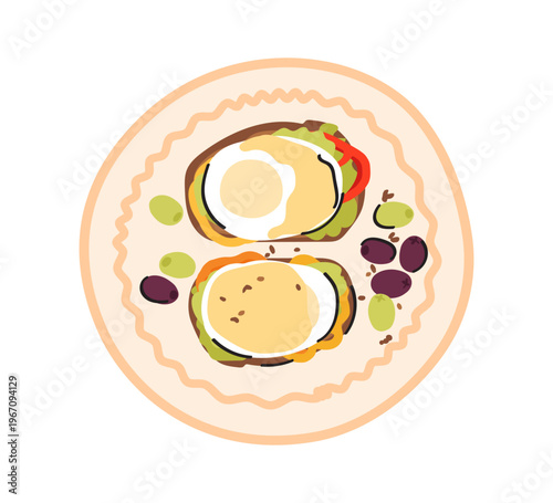 Delicious eggs benedict with vegetables, greens and sauce. Snack for vegetarian breakfast. Vector hand draw illustration.