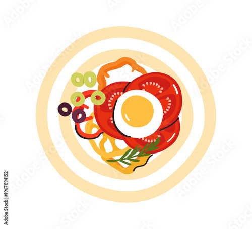 Plate of healthy breakfast salad. Tomatoes, boiled eggs, olives and greens. Hand drawn vector illustration.